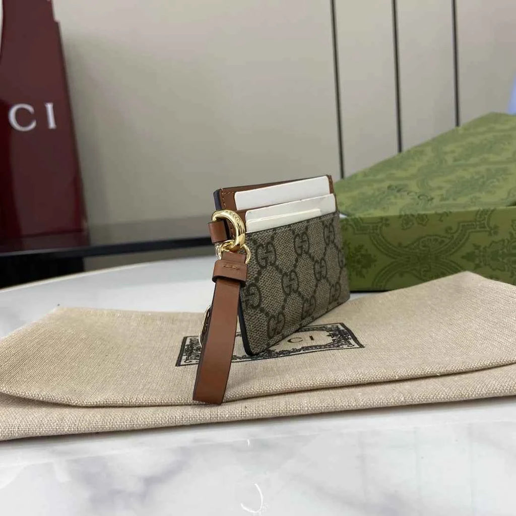 Gucci GG Emblem card case with strap 819121 beige and dark brown fabric