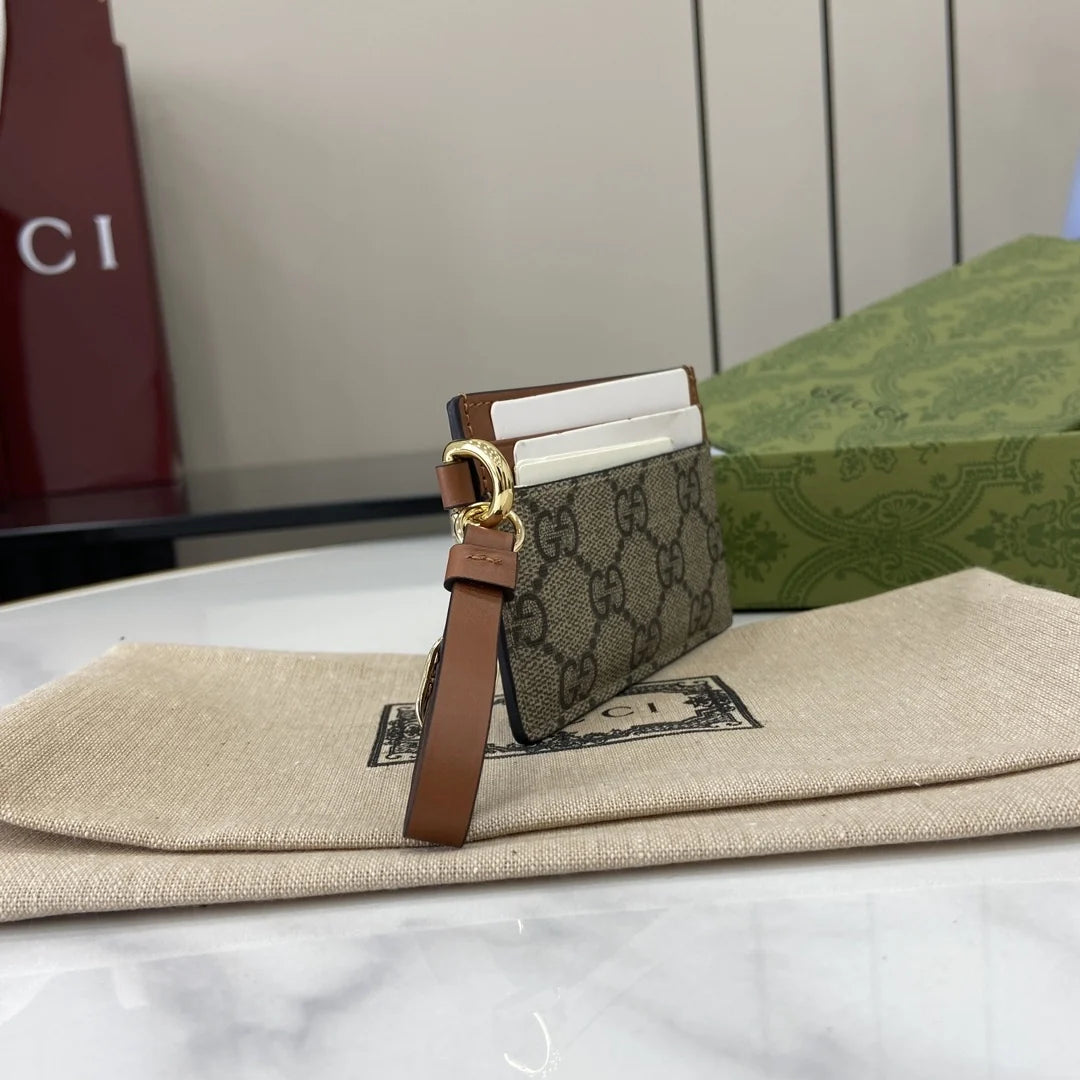 Gucci GG Emblem card case with strap 819121 beige and dark brown fabric