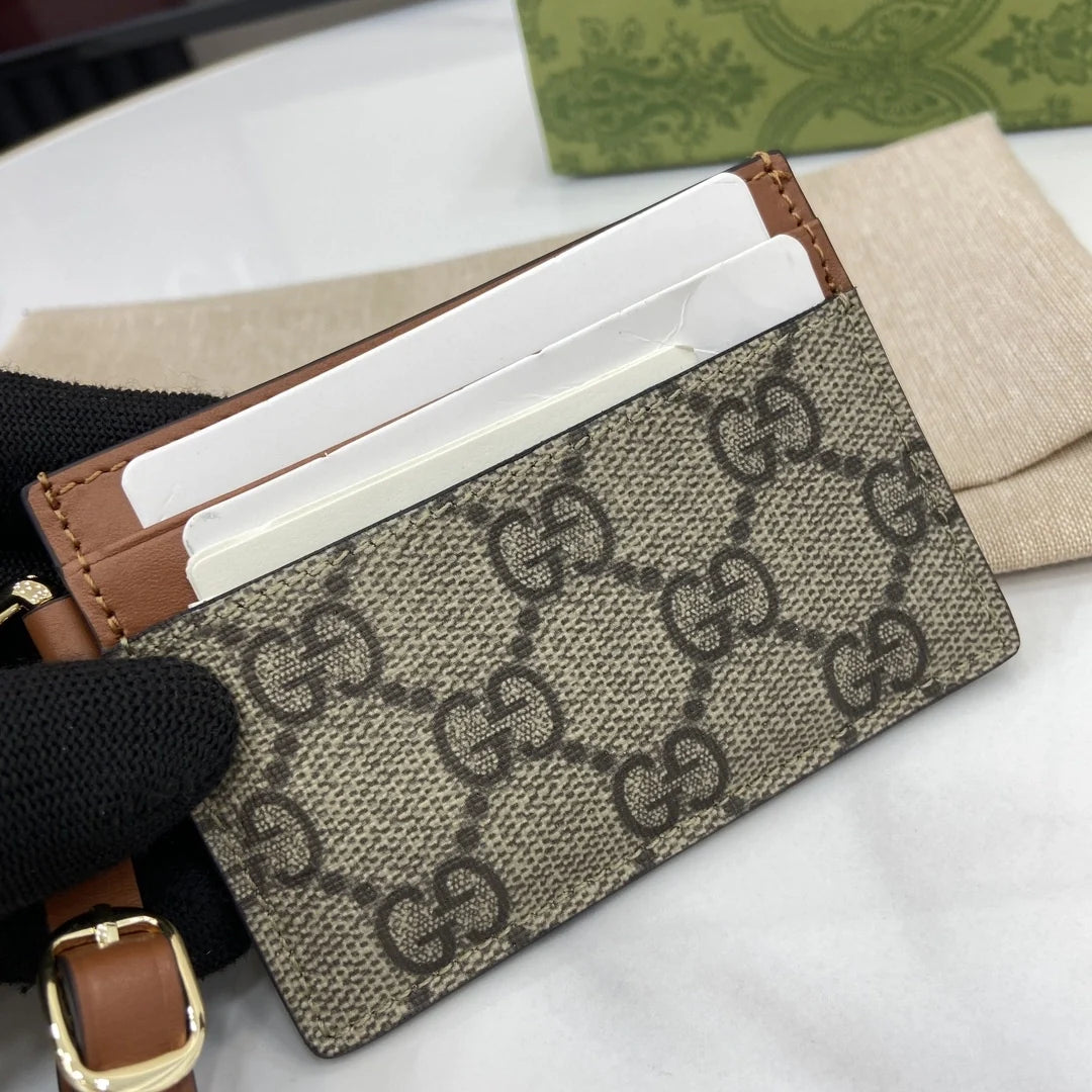 Gucci GG Emblem card case with strap 819121 beige and dark brown fabric