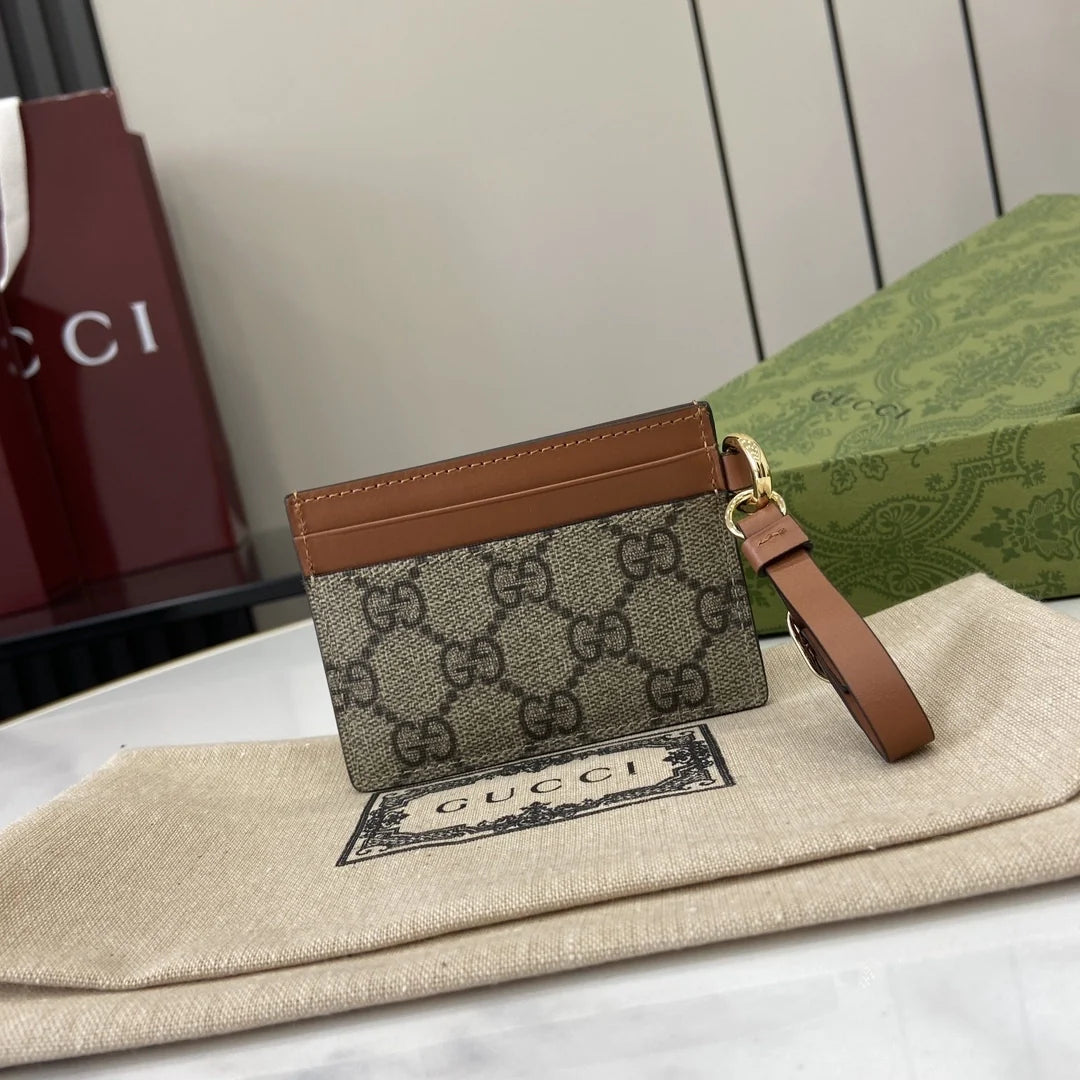 Gucci GG Emblem card case with strap 819121 beige and dark brown fabric