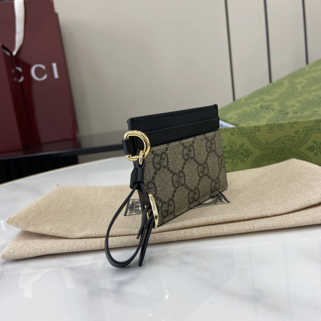 Gucci GG Emblem card case with strap 819121 beige and black fabric
