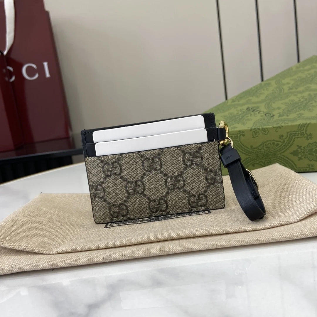 Gucci GG Emblem card case with strap 819121 beige and black fabric