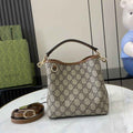 Gucci GG Emblem small bucket bag 815118 in beige and dark brown fabric