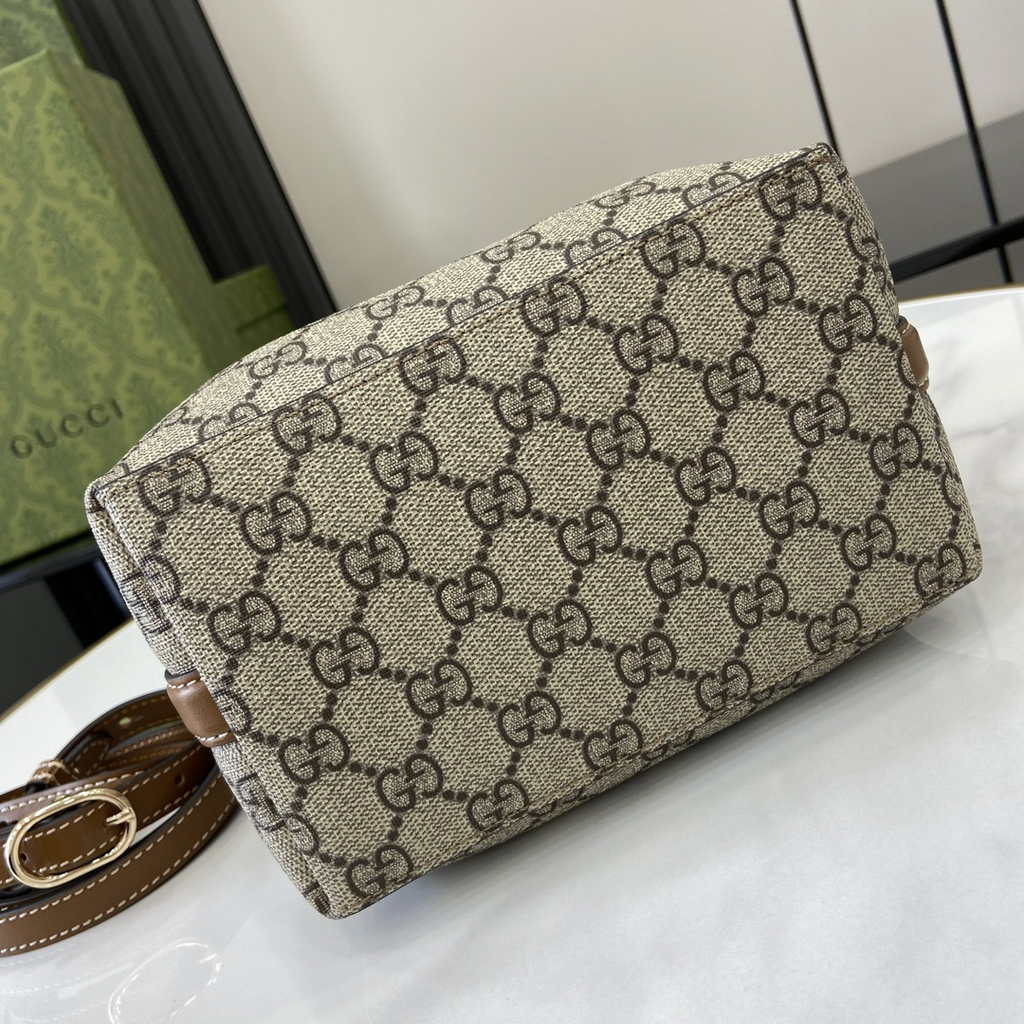 Gucci GG Emblem small bucket bag 815118 in beige and dark brown fabric