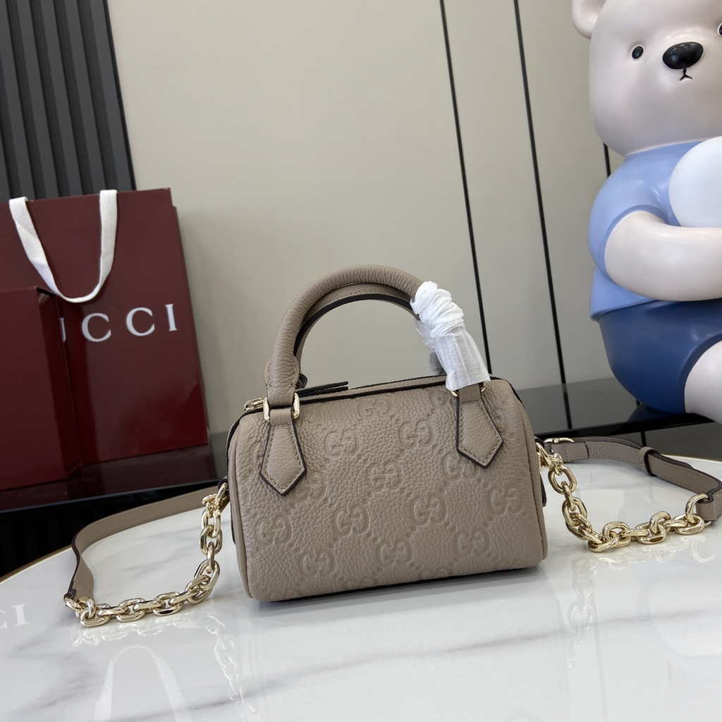 Gucci GG Emblem super mini top handle bag 815256 in taupe leather