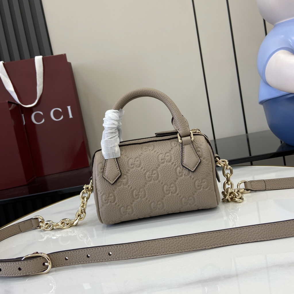 Gucci GG Emblem super mini top handle bag 815256 in taupe leather