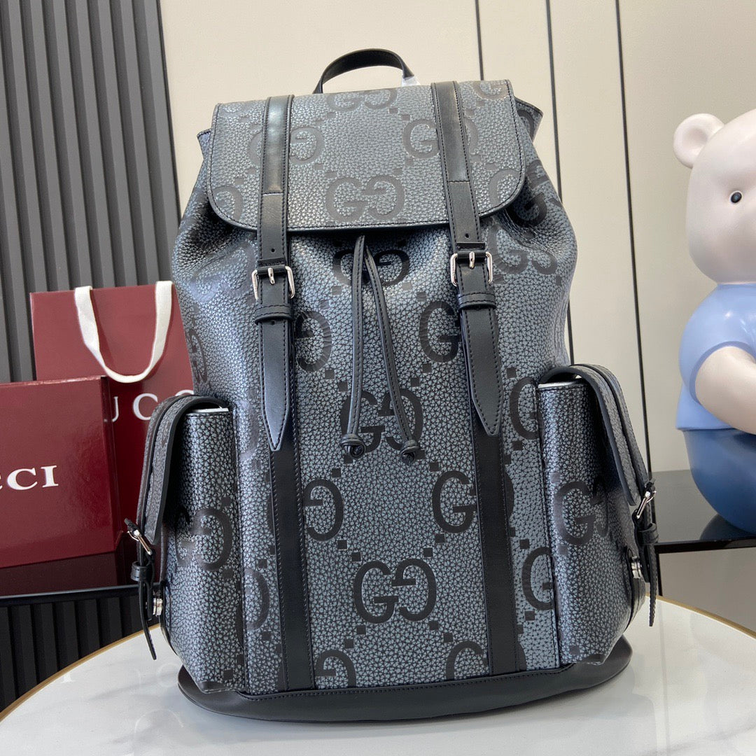 Gucci GG jumbo large backpack ‎625770 Grey and black grainy leather