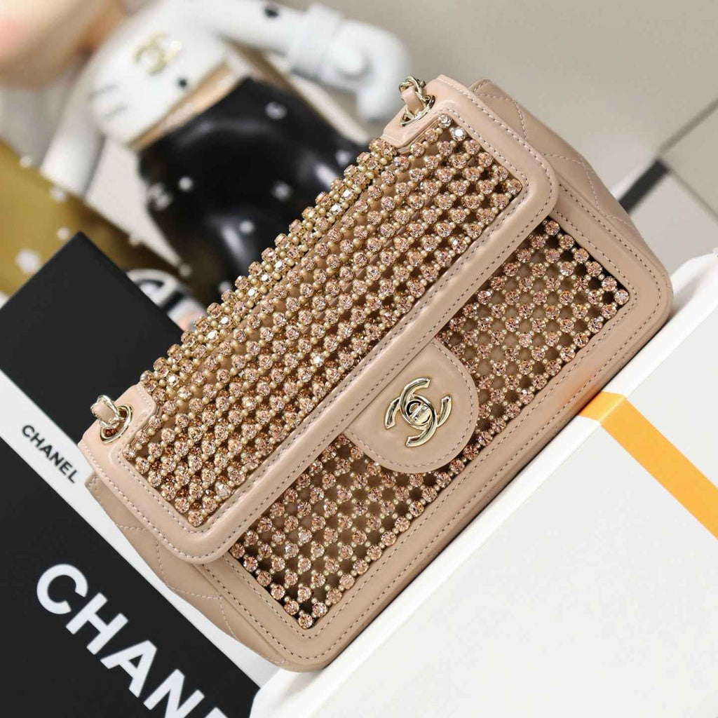 Chanel Small flap bag, AS4962 dark beige lambskin, diamanté