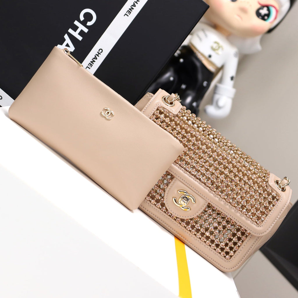 Chanel Small flap bag, AS4962 dark beige lambskin, diamanté