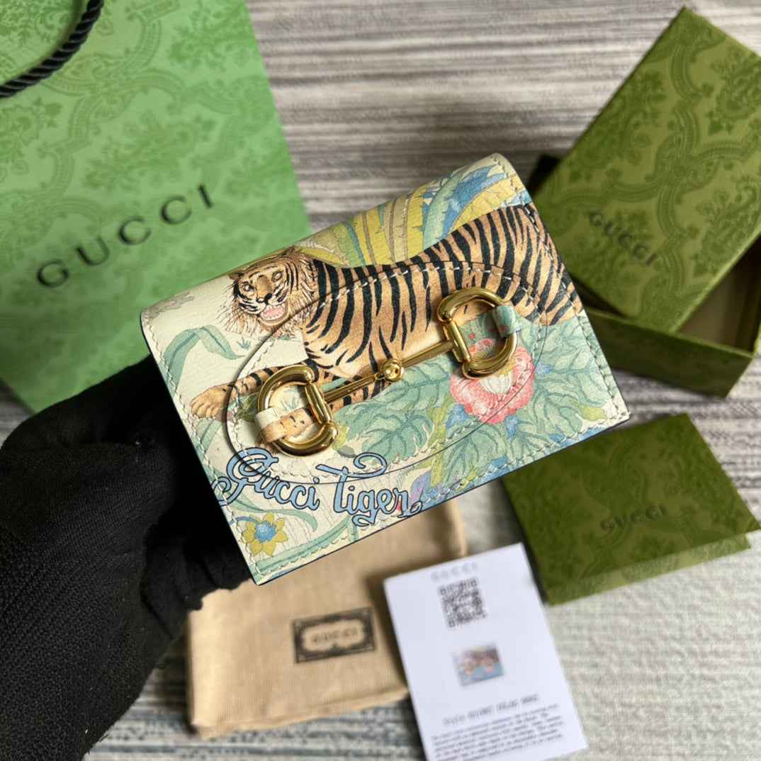 Gucci Horsebit 1955 card case wallet 621887 Beige tiger