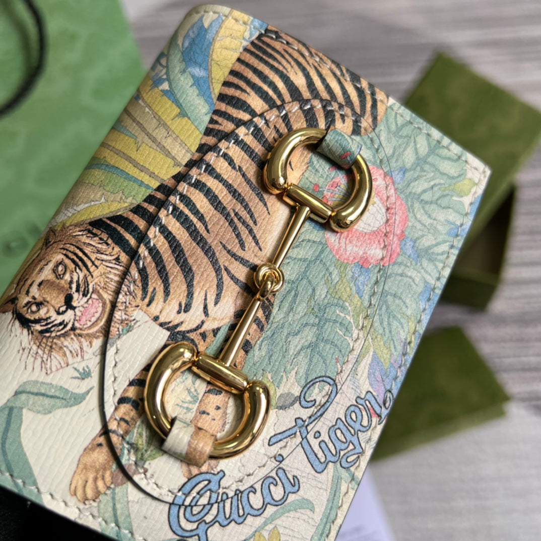 Gucci Horsebit 1955 card case wallet 621887 Beige tiger