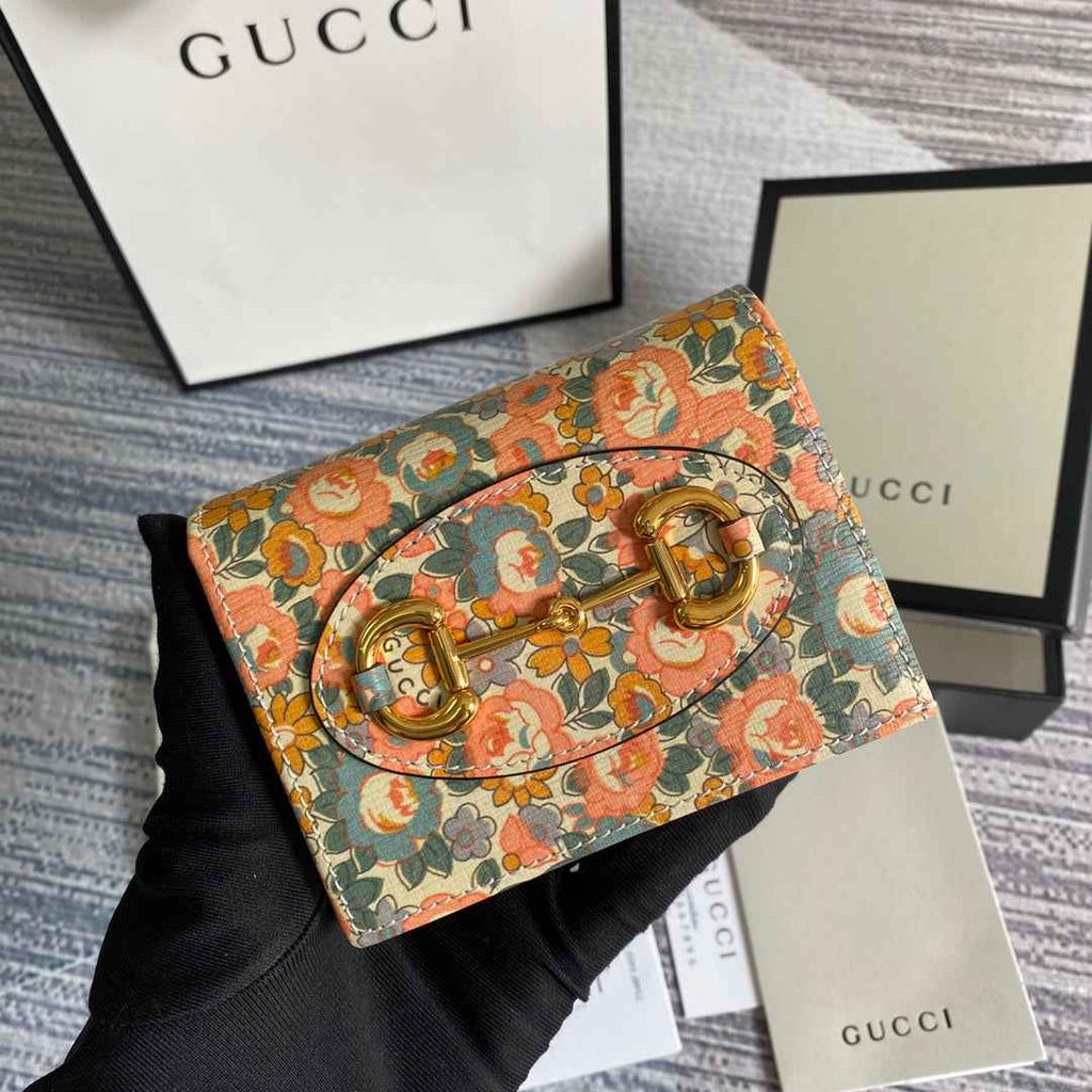 Gucci Horsebit 1955 card case wallet 621887 Beige flowers