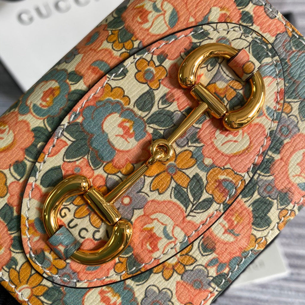 Gucci Horsebit 1955 card case wallet 621887 Beige flowers