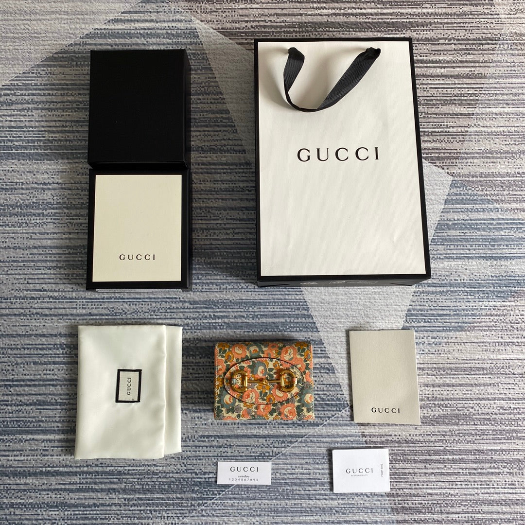 Gucci Horsebit 1955 card case wallet 621887 Beige flowers