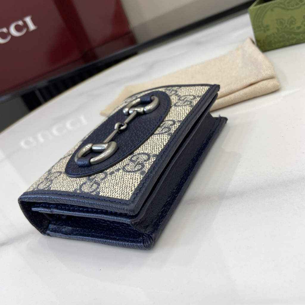 Gucci Horsebit 1955 card case wallet, 621887 in navy blue leather
