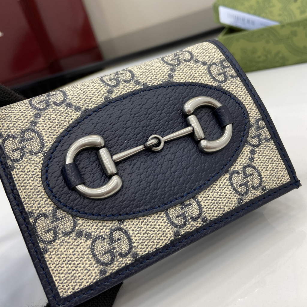 Gucci Horsebit 1955 card case wallet, 621887 in navy blue leather