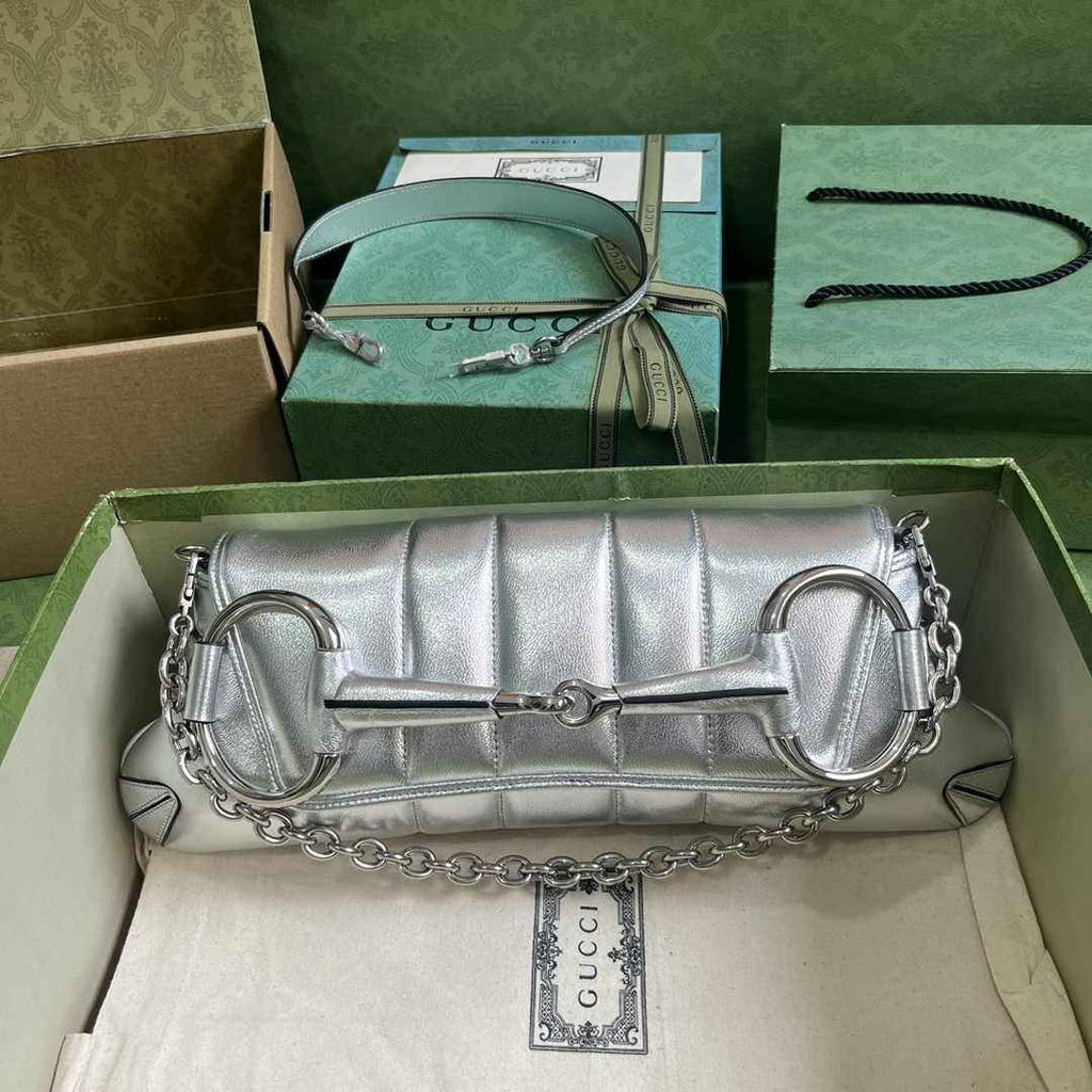 Gucci Horsebit Chain medium shoulder bag ‎764255 in Silver leather