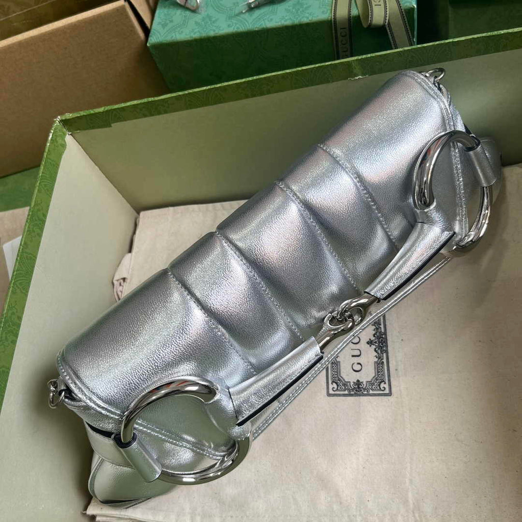 Gucci Horsebit Chain medium shoulder bag ‎764255 in Silver leather