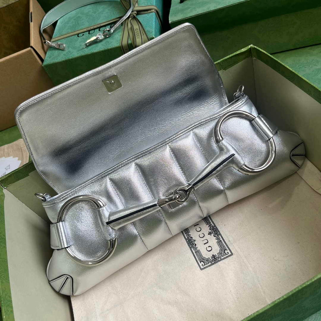 Gucci Horsebit Chain medium shoulder bag ‎764255 in Silver leather