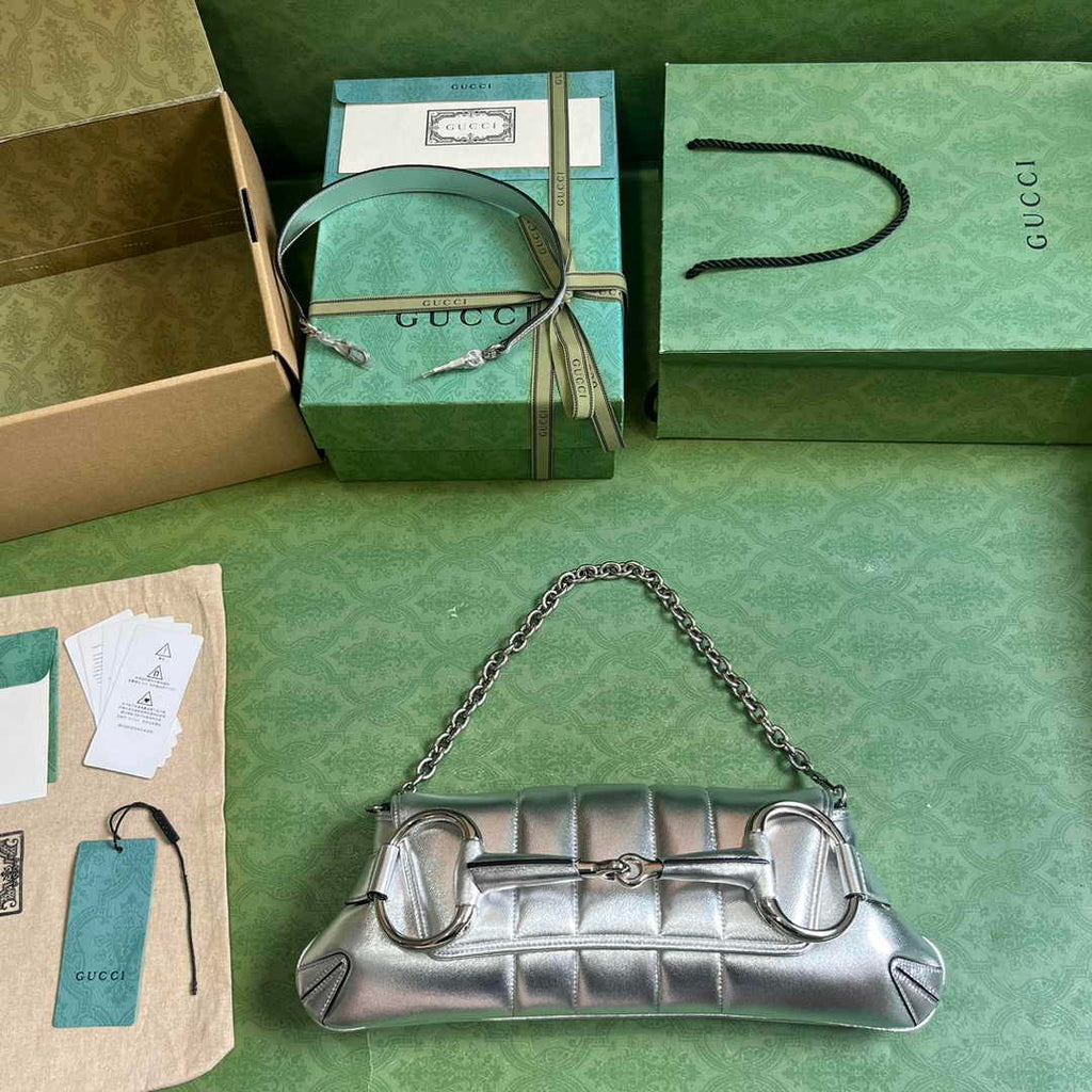 Gucci Horsebit Chain medium shoulder bag ‎764255 in Silver leather
