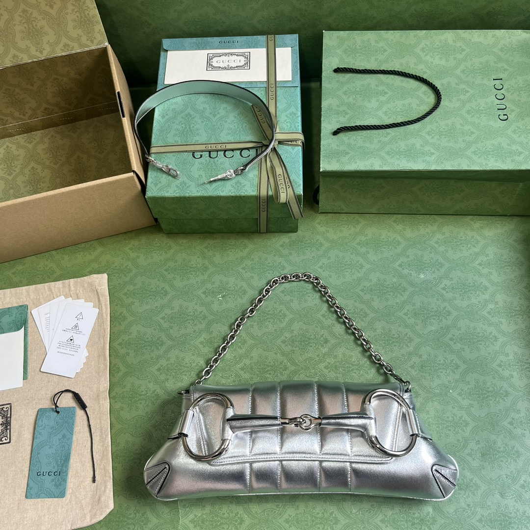 Gucci Horsebit Chain medium shoulder bag ‎764255 in Silver leather