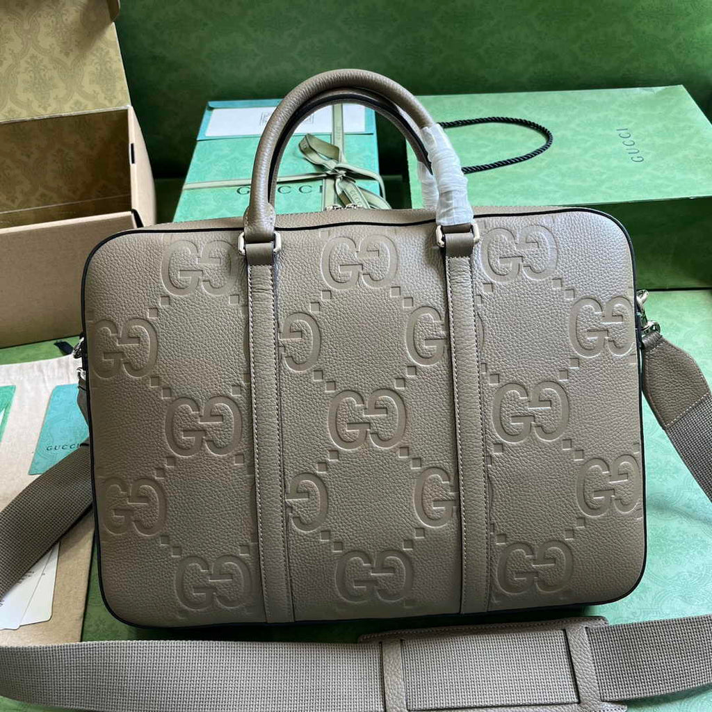 Gucci Jumbo GG Briefcase ‎658573 In Khaki Leather