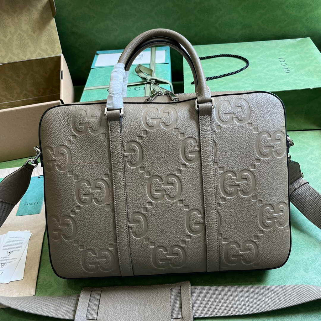 Gucci Jumbo GG Briefcase ‎658573 In Khaki Leather
