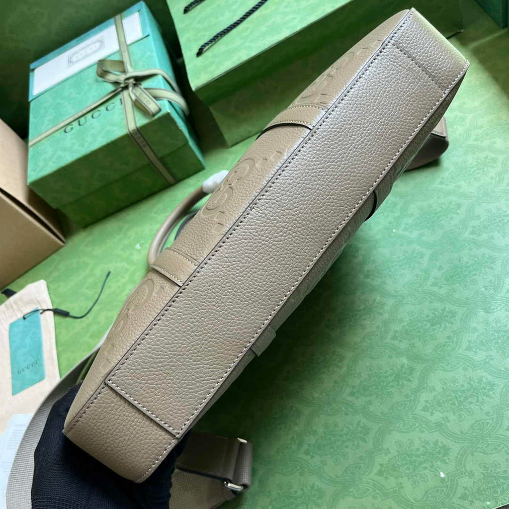 Gucci Jumbo GG Briefcase ‎658573 In Khaki Leather