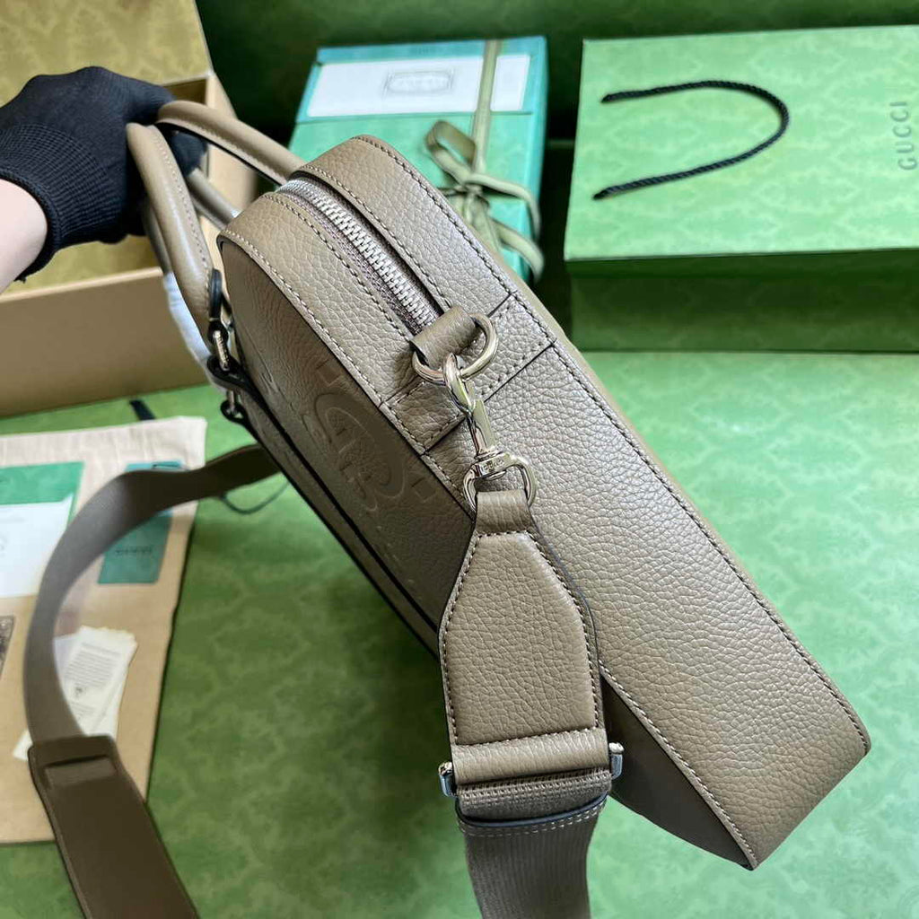 Gucci Jumbo GG Briefcase ‎658573 In Khaki Leather