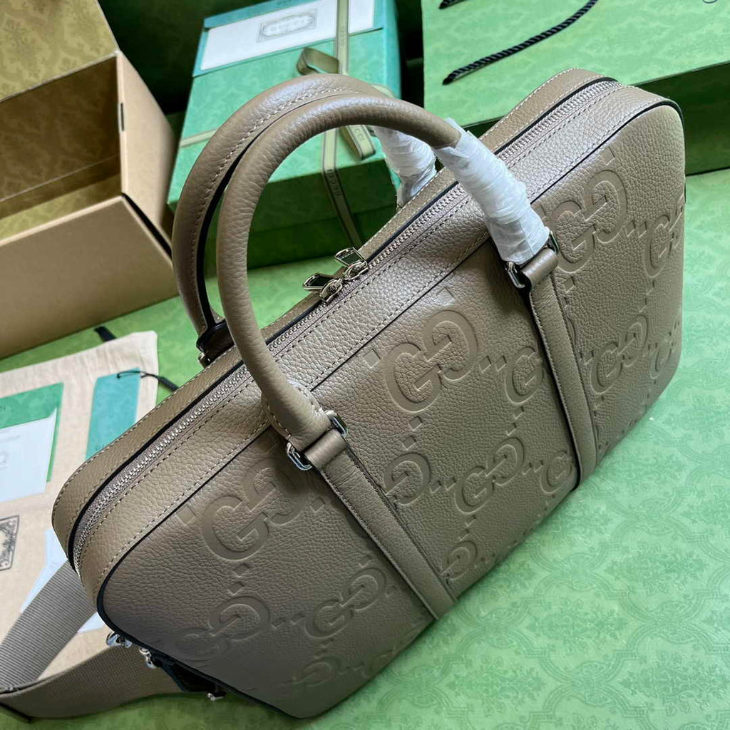 Gucci Jumbo GG Briefcase ‎658573 In Khaki Leather