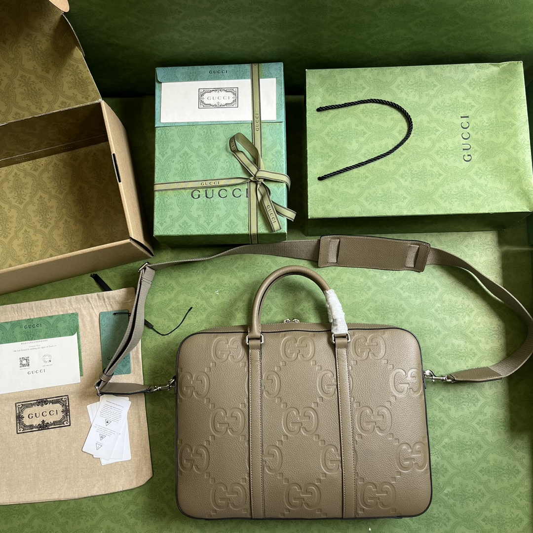 Gucci Jumbo GG Briefcase ‎658573 In Khaki Leather