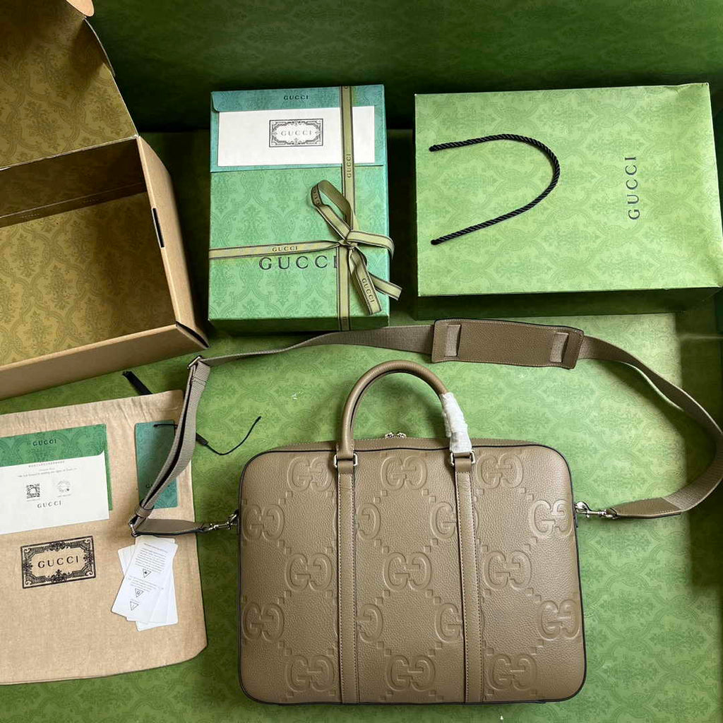Gucci Jumbo GG Briefcase ‎658573 In Khaki Leather
