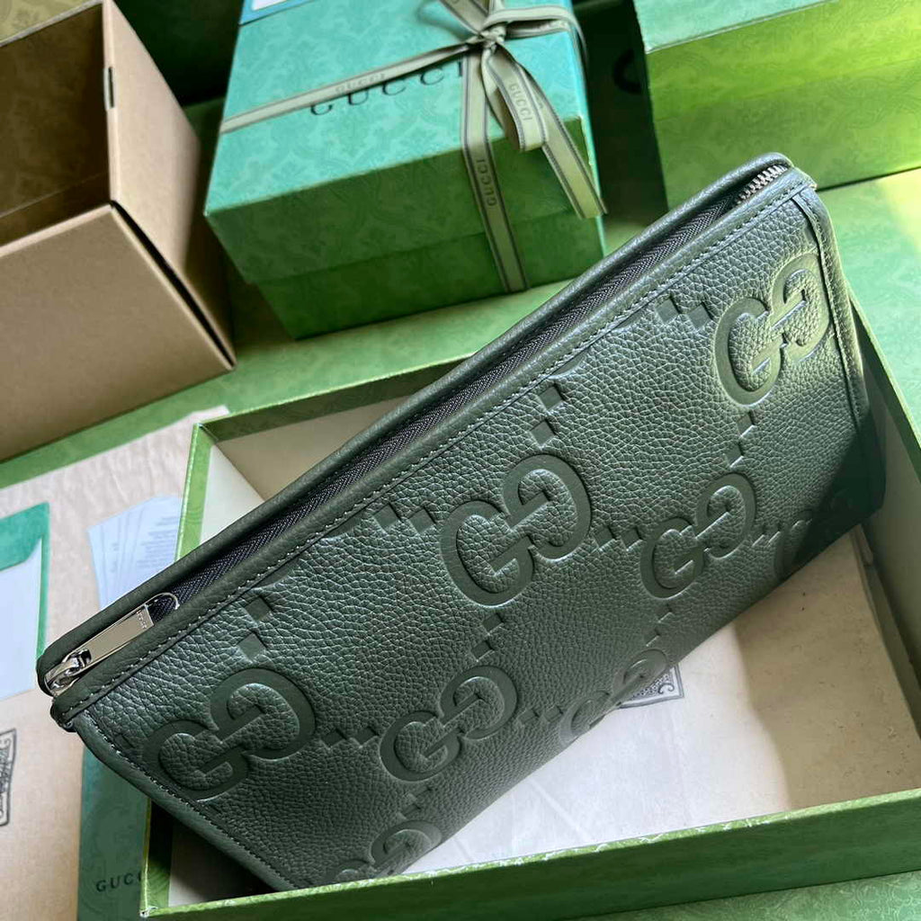 Gucci Jumbo GG pouch in black leather 739490 In Green leather