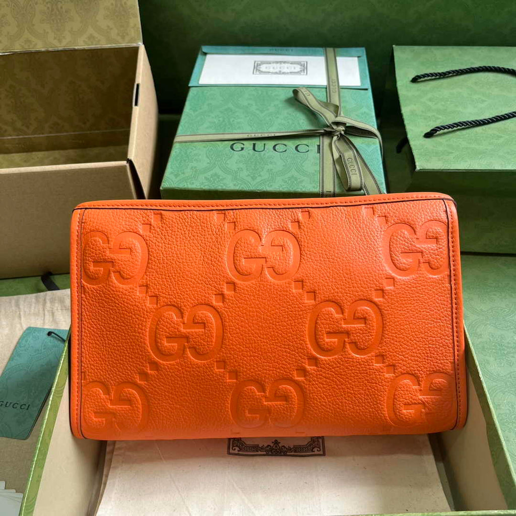Gucci Jumbo GG pouch in black leather 739490 In Orange leather