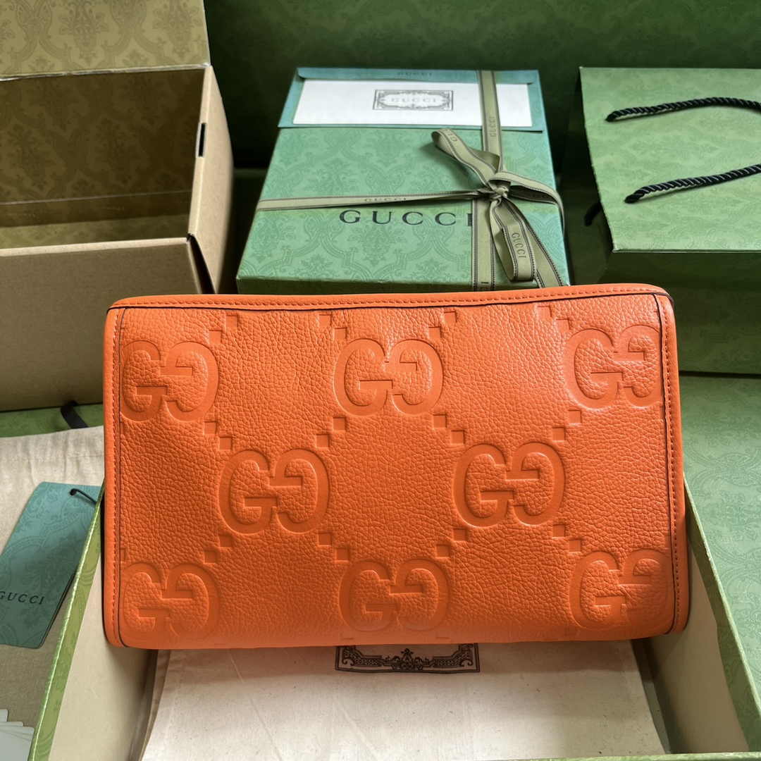Gucci Jumbo GG pouch in black leather 739490 In Orange leather