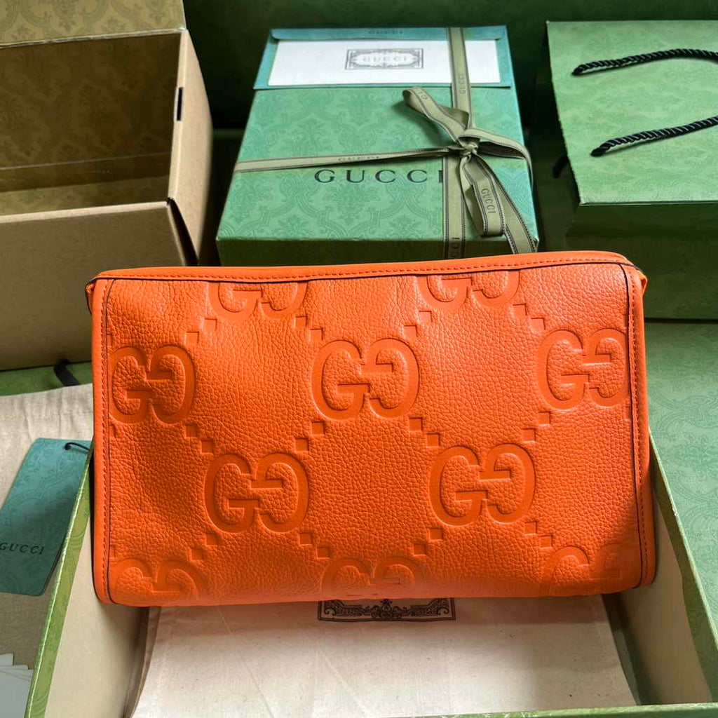 Gucci Jumbo GG pouch in black leather 739490 In Orange leather