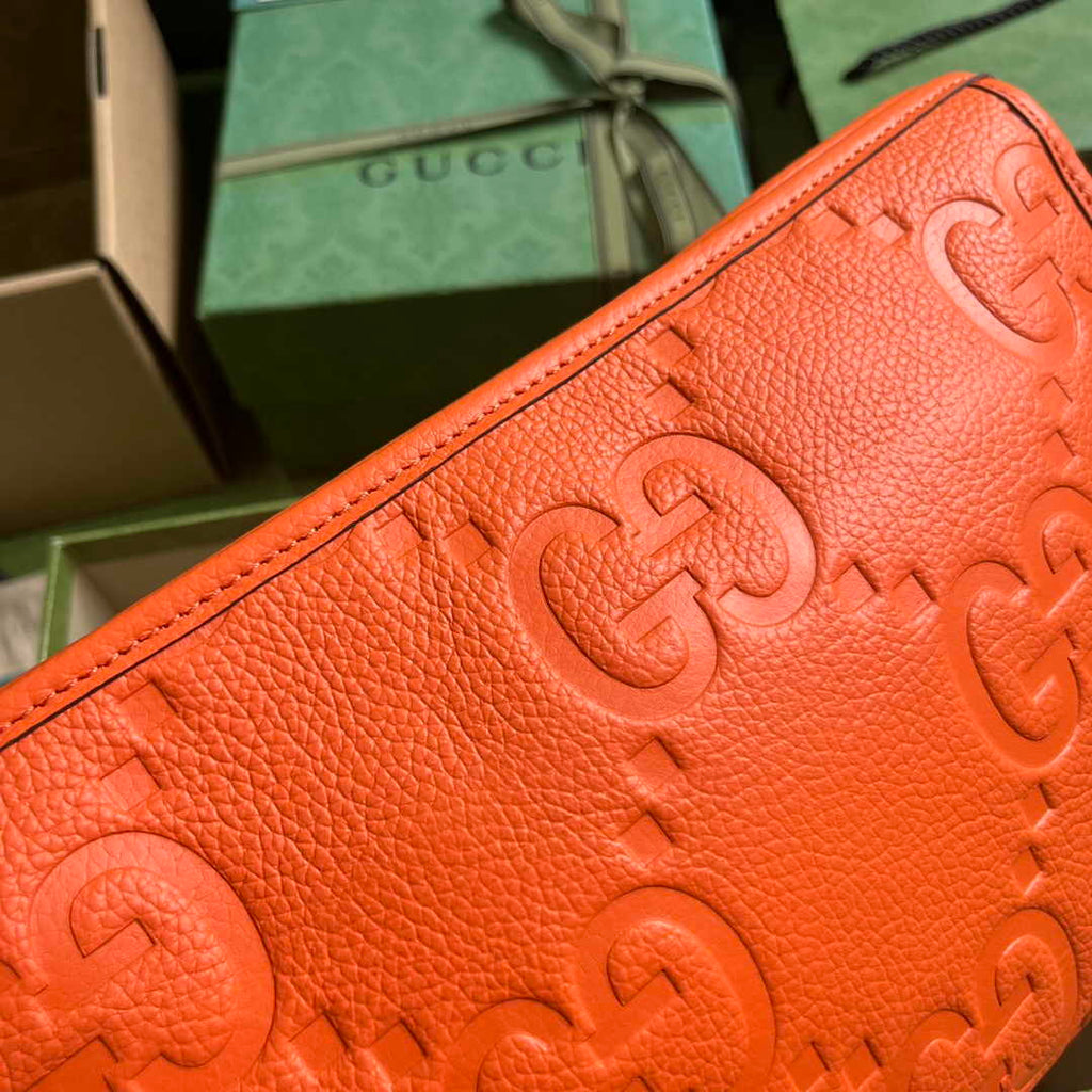Gucci Jumbo GG pouch in black leather 739490 In Orange leather
