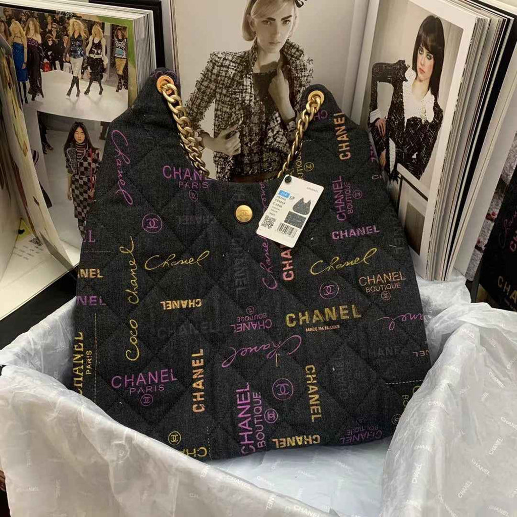 Chanel AS3156 Maxi Hobo Bag Printed denim gold-tone metal Black