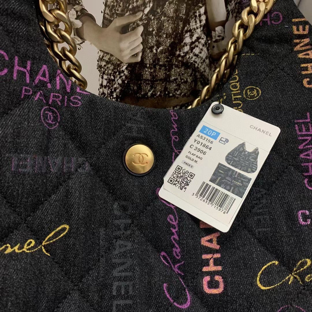 Chanel AS3156 Maxi Hobo Bag Printed denim gold-tone metal Black