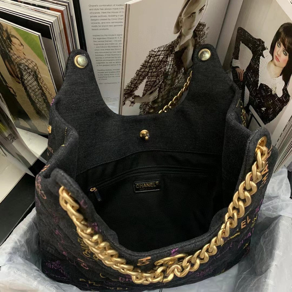 Chanel AS3156 Maxi Hobo Bag Printed denim gold-tone metal Black