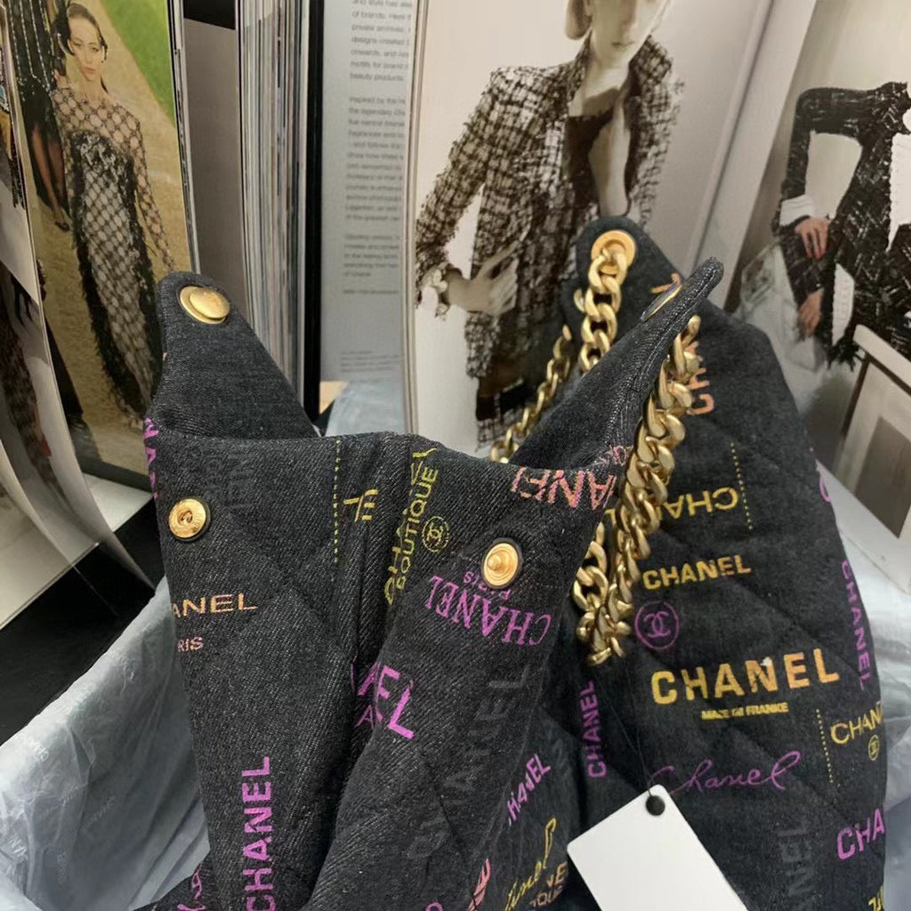 Chanel AS3156 Maxi Hobo Bag Printed denim gold-tone metal Black