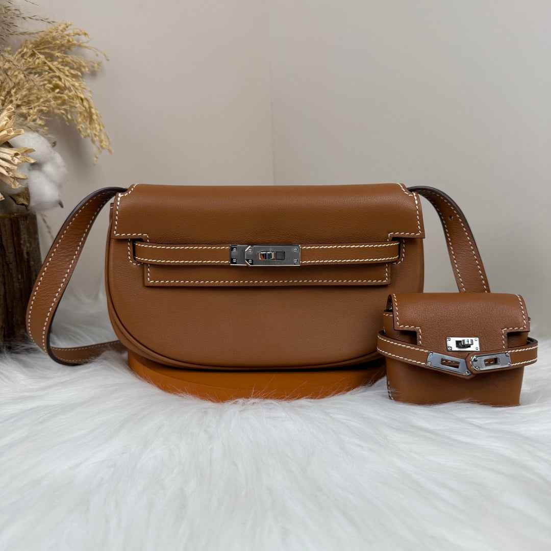 Hermès Brown Swift Kelly Moove Bag Silver 825663