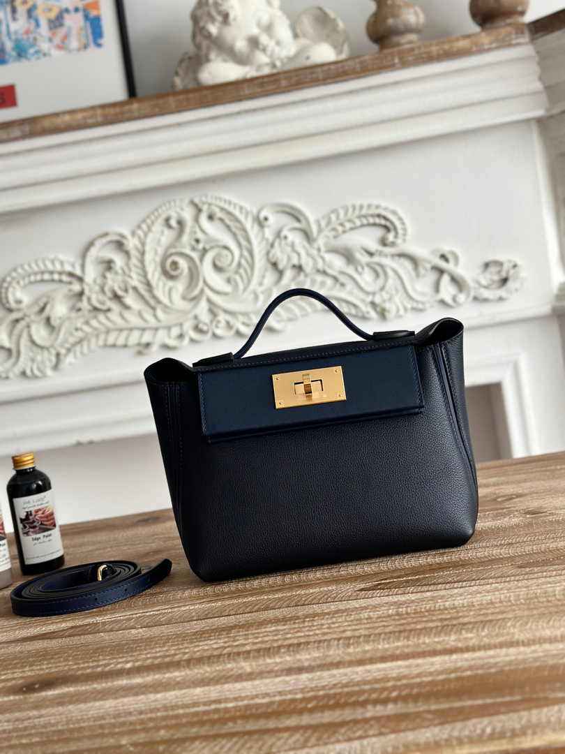 Hermès 24/24 Mini Bag Evercolor Swift Leather Navy Blue Gold