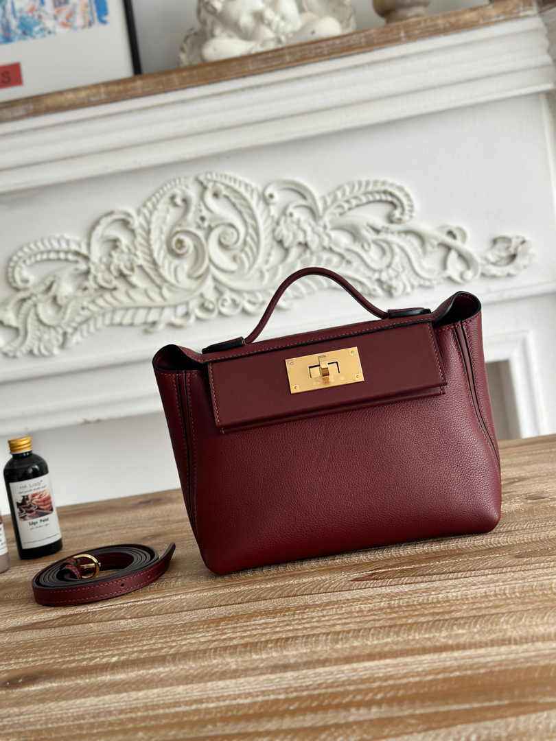 Hermès 24/24 Mini Bag Evercolor Swift Leather Wine Red Gold