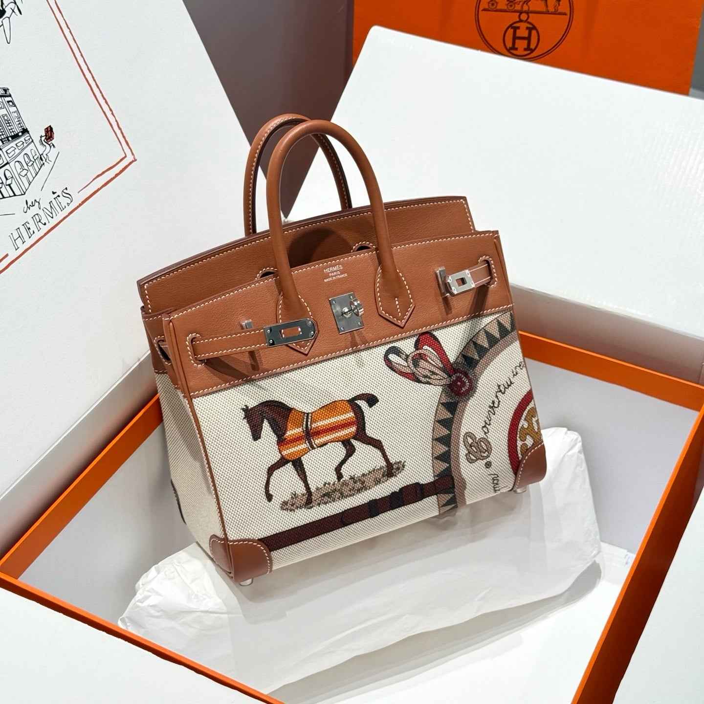 Hermès Birkin Bag 25cm Silver Hardware Brown Swift Leather Canvas