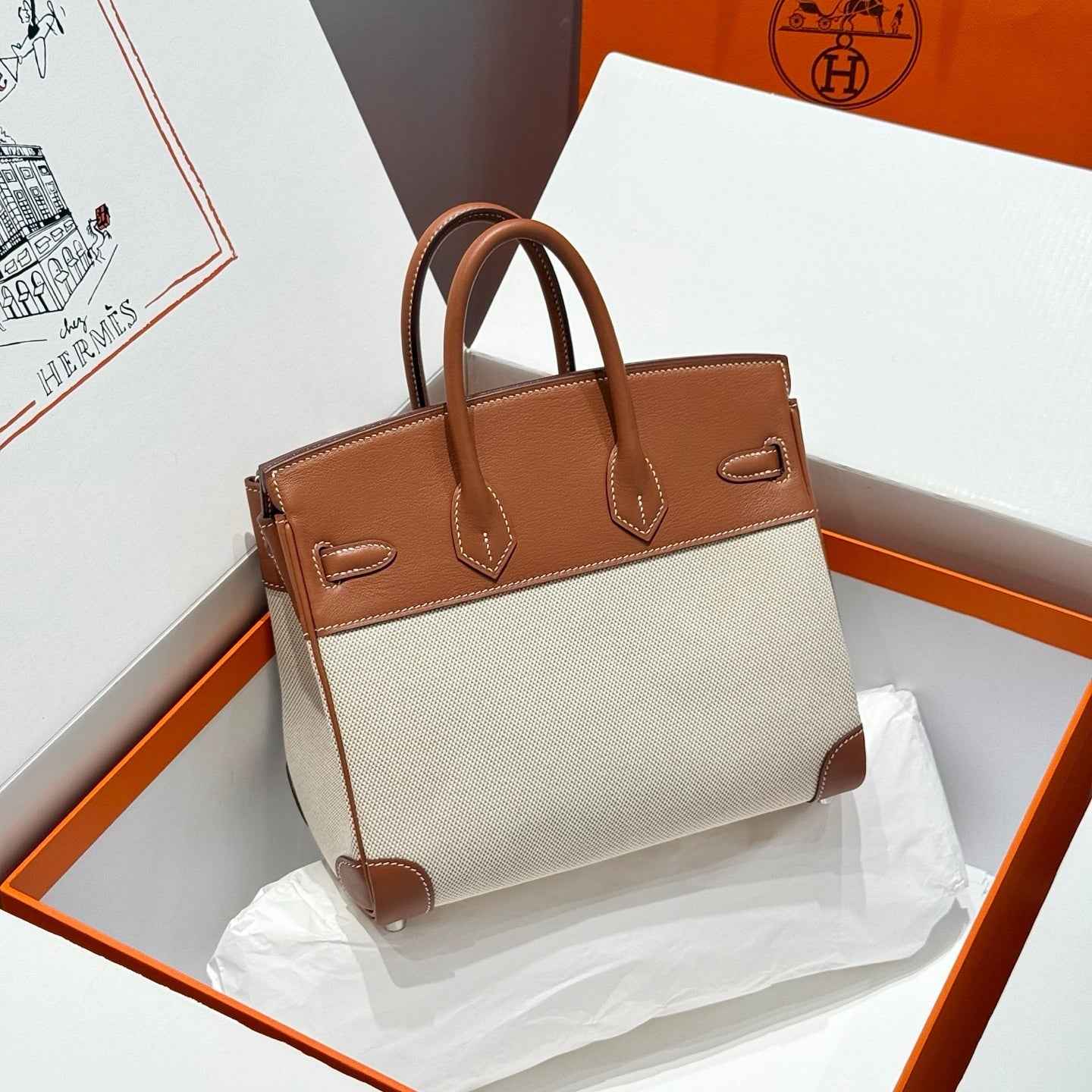 Hermès Birkin Bag 25cm Silver Hardware Brown Swift Leather Canvas