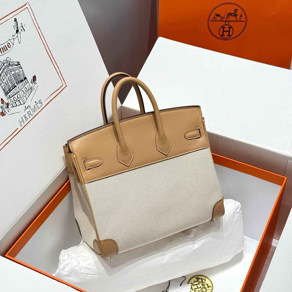 Hermès Birkin Bag 25cm Apricot Swift Leather Canvas Silver Hardware