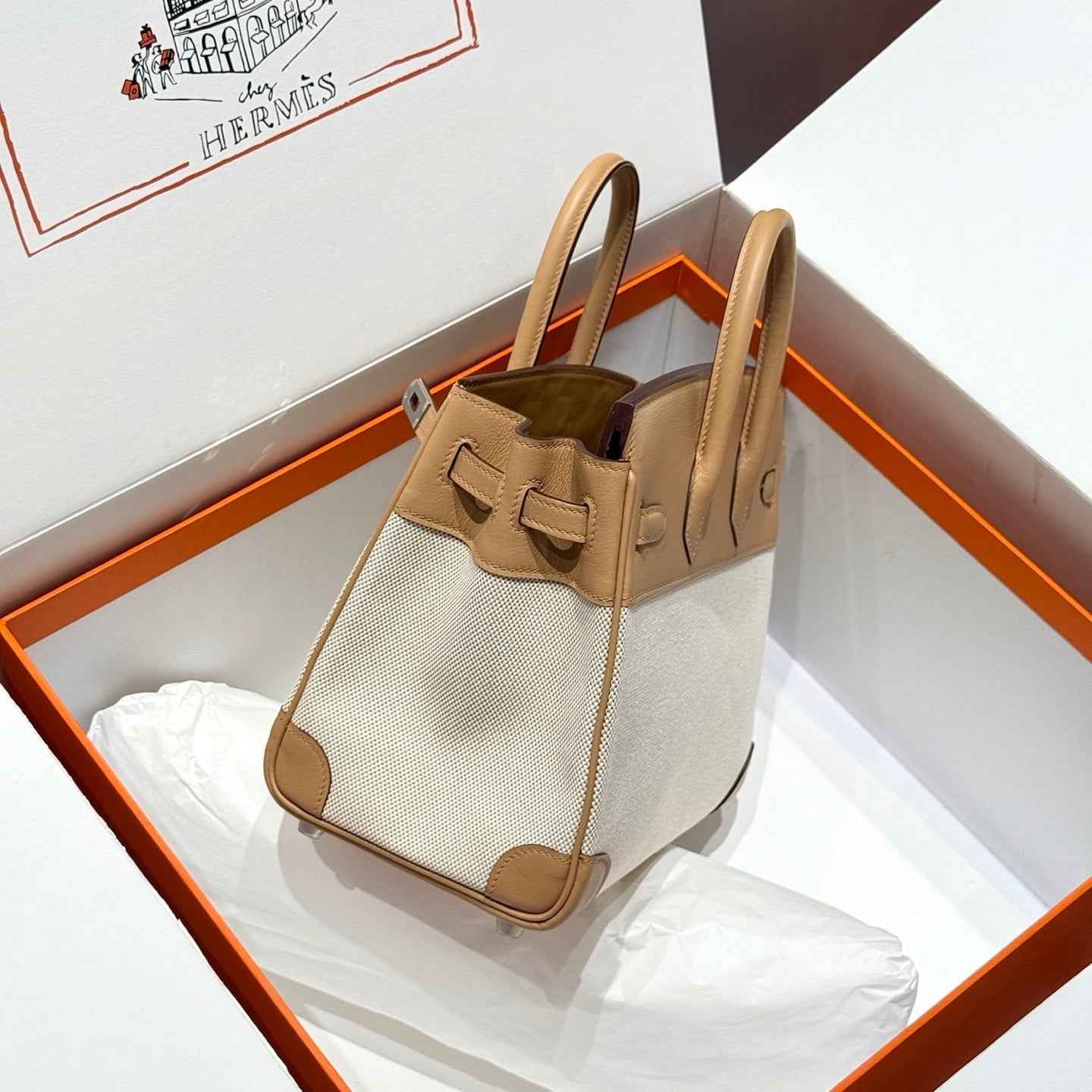 Hermès Birkin Bag 25cm Apricot Swift Leather Canvas Silver Hardware