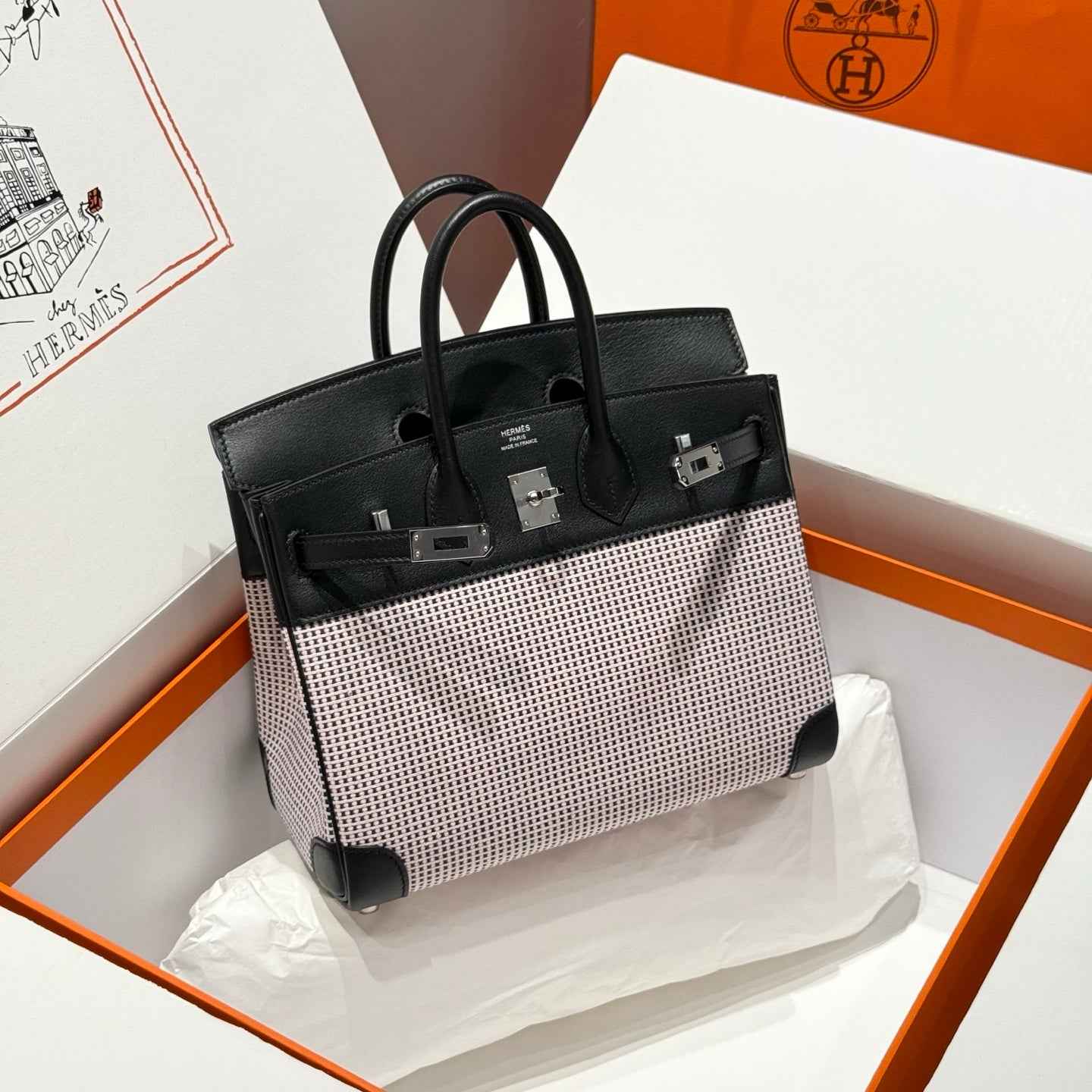 Hermès Birkin Bag 25cm Silver Hardware Black Swift Leather Blue Canvas