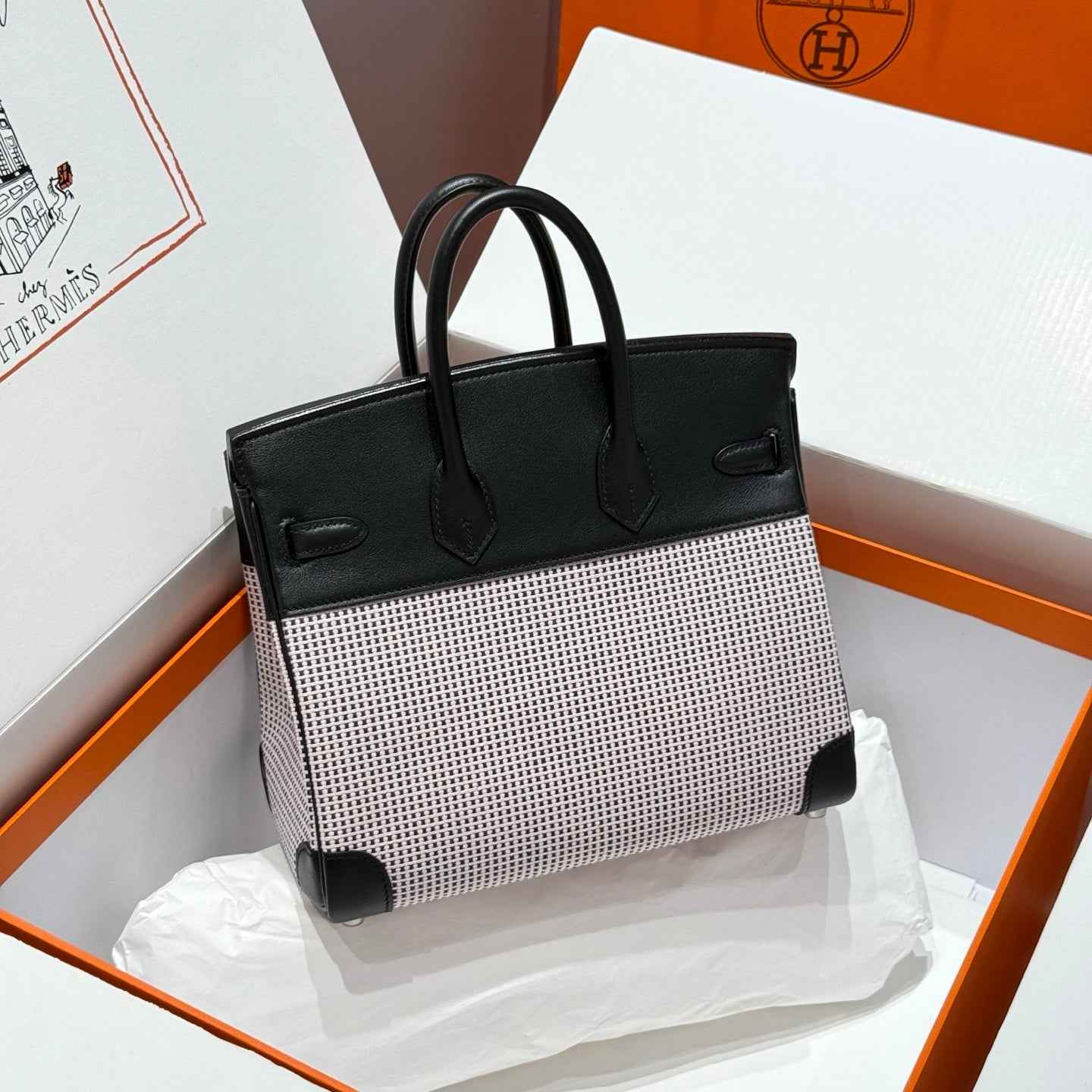 Hermès Birkin Bag 25cm Silver Hardware Black Swift Leather Blue Canvas